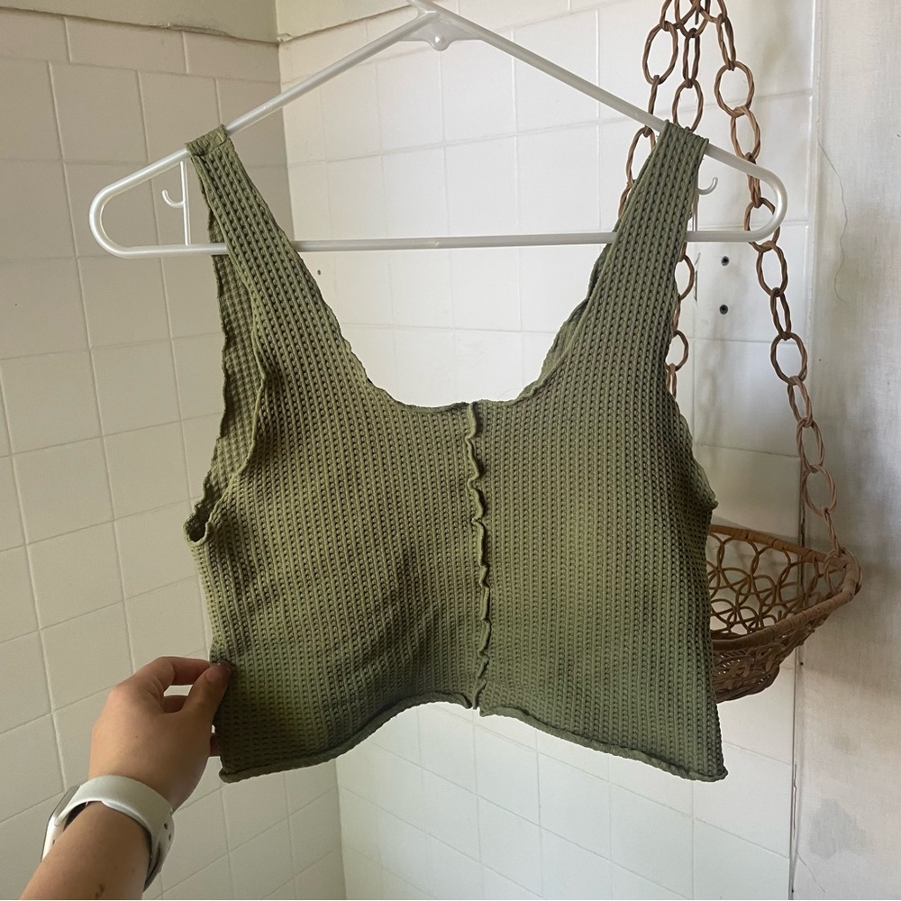 Waffle pattern patchwork green tank